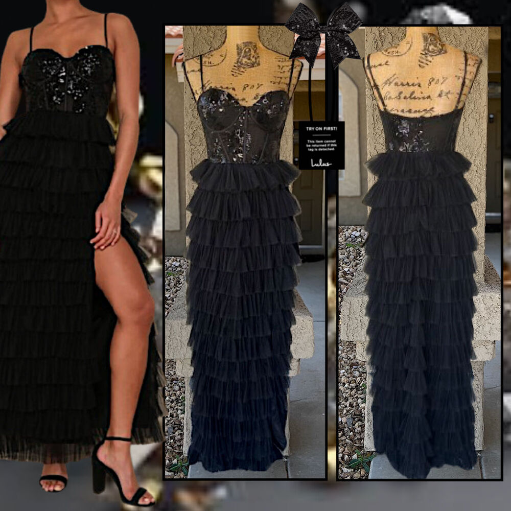 Lulus Black Sheer Mesh Sequin Bustier Iconic Radiance  Maxi Dress Size S